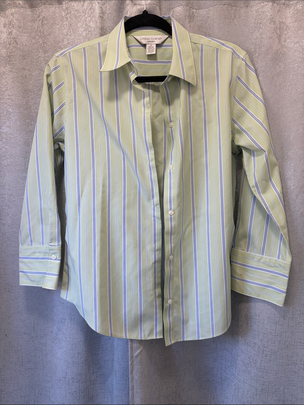 Casual Corner Pale Green Striped Dress Shirt Blue Accents